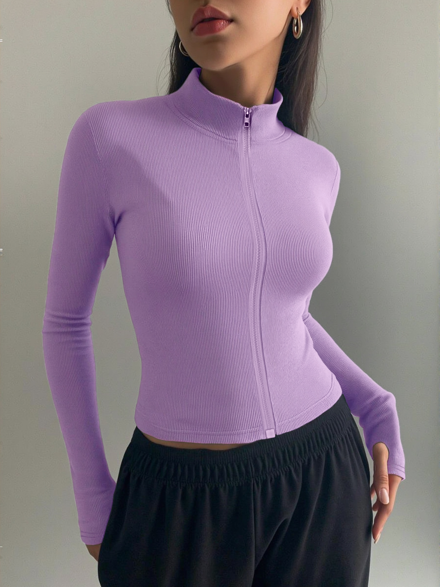 Coffee & Tea Maker Machine - Casual Ribbed High Neck Zip-Up Top,
